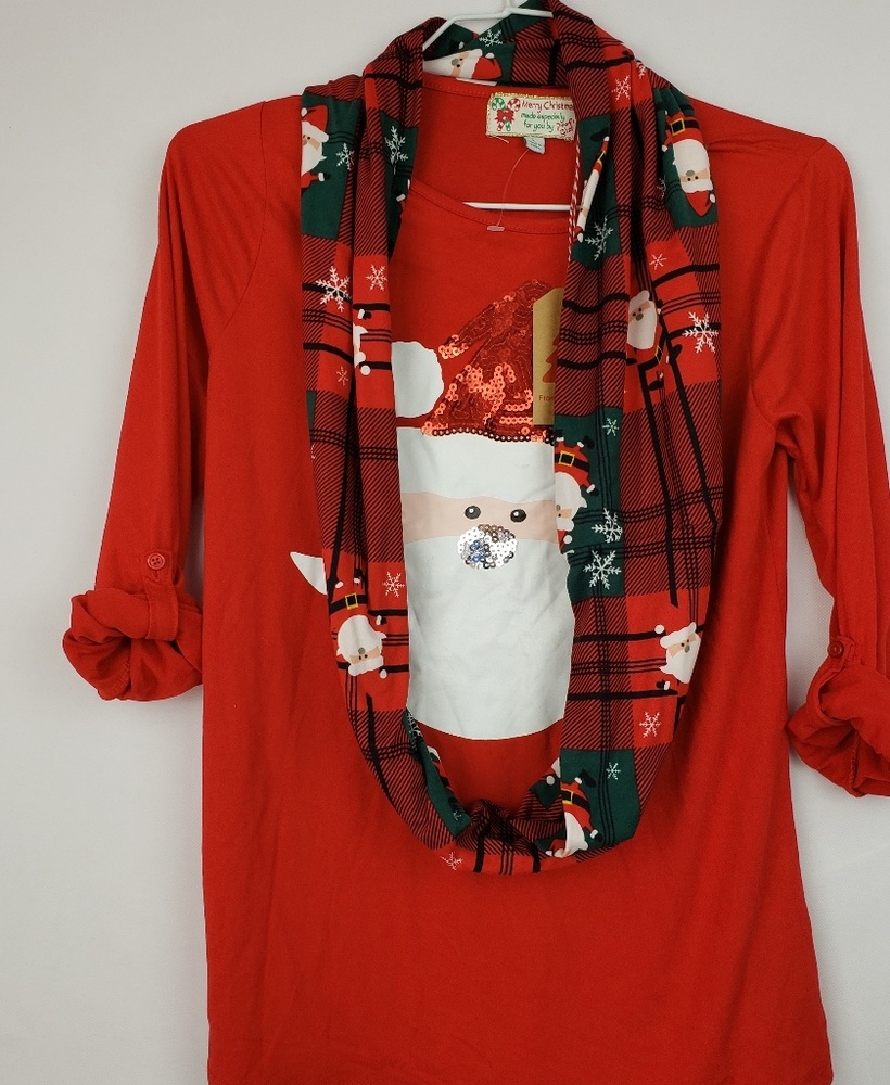 Merry Christmas Girl T-Shirt Top with Scarf L